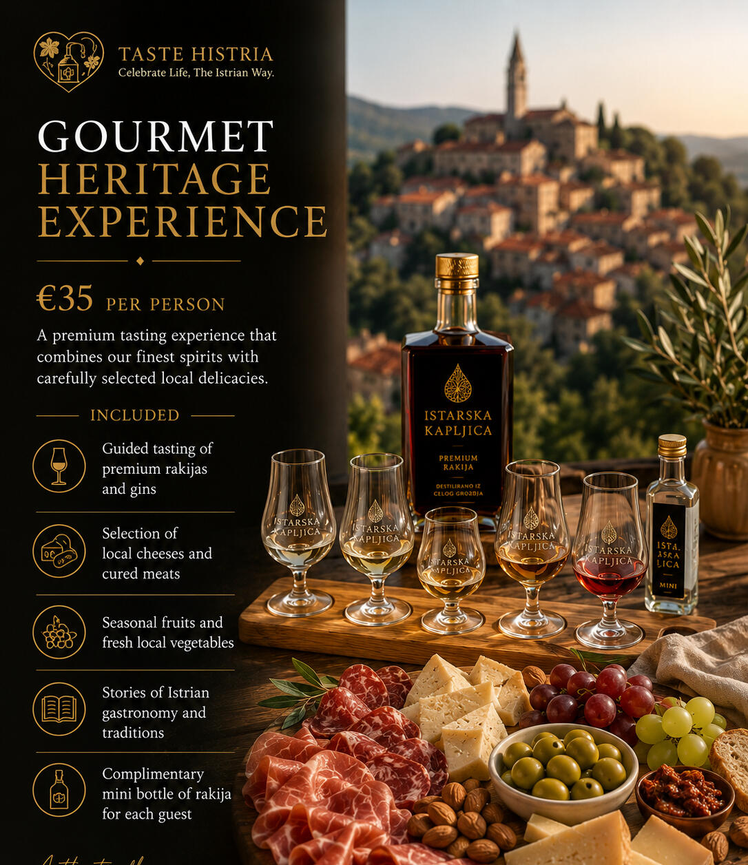 Gourmet Heritage Expirience €35 per person A premium tasting experience that combines our finest spirits with carefully selected local delicacies. Included Guided tasting of premium rakijas and gins Selection of local cheeses and cured meats Seasonal fruits and fresh local vegetables